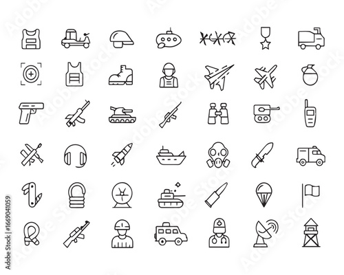Set of simple outline military icons. Collection contains such icons as vehicles, air forces, soldier, bomb, artillery, gun
