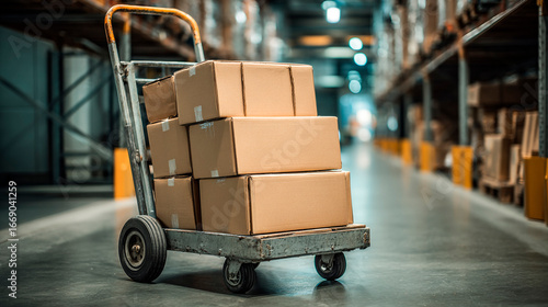 Boxes on dolly being transported through warehouse aisle, ready for delivery and distribution