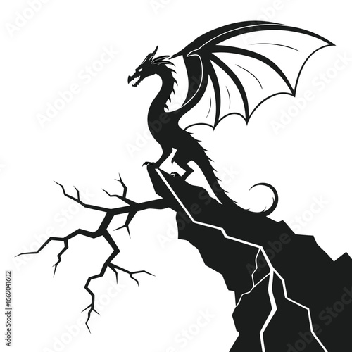 Dragon perched on shattered cliff silhouette