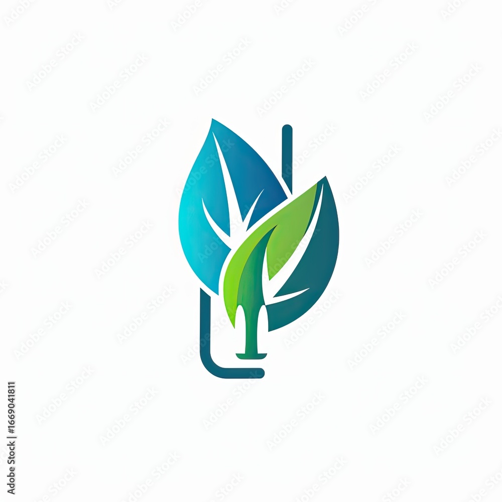 Fototapeta premium Abstract logo featuring stylized teal and green leaves forming a letter 'U' shape within a curved line, symbolizing nature and possibly a brand identity
