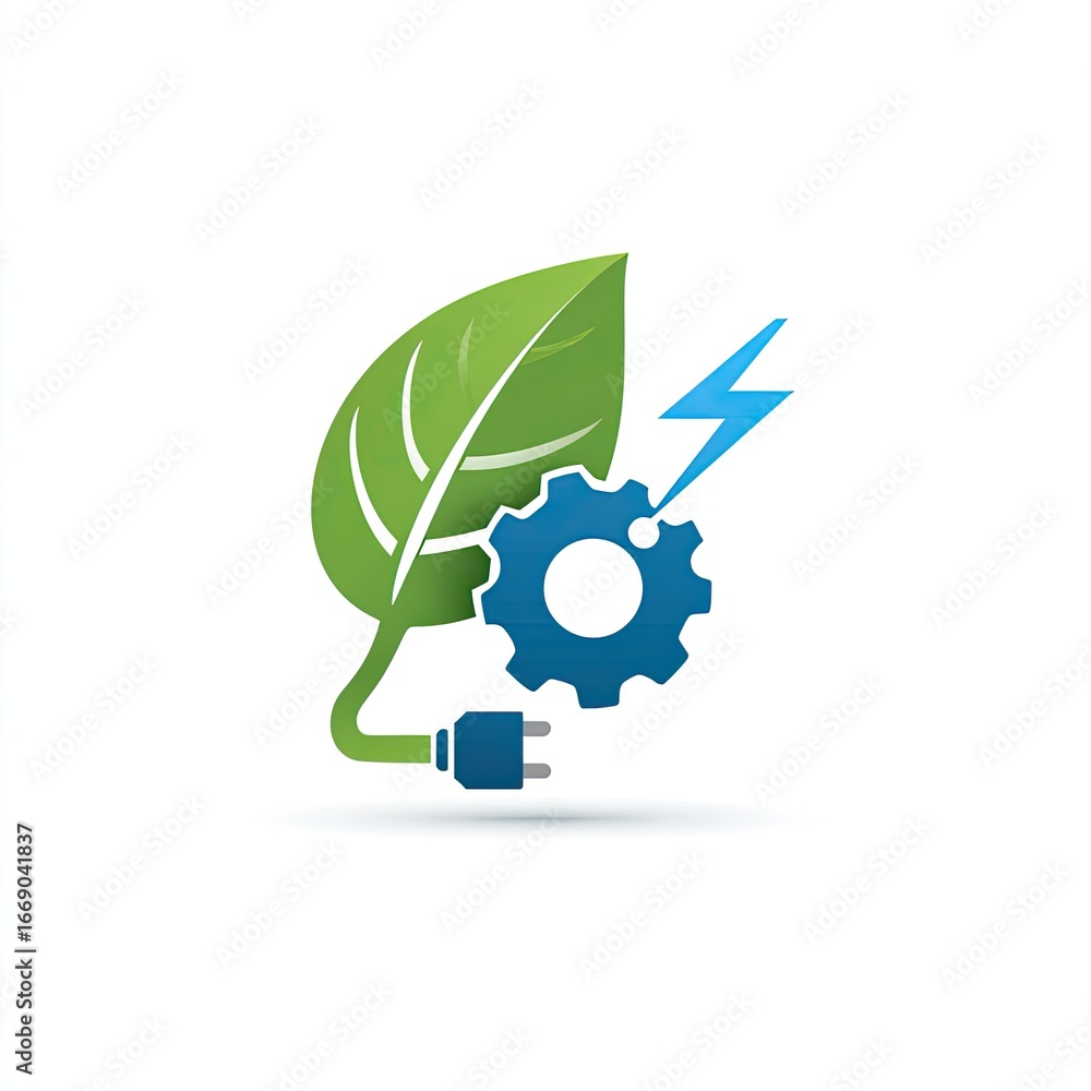 Fototapeta premium Green leaf, gear, plug, and lightning bolt illustrate sustainable energy, eco-friendly technology, and efficient power generation