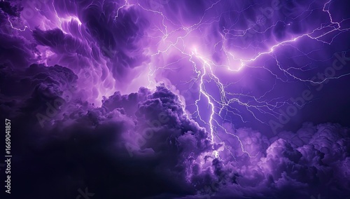 A dramatic nightscape showcasing a vibrant purple lightning storm.  Intricate forks of lightning illuminate dark, swirling clouds, creating a powerful and awe-inspiring scene