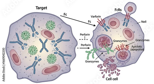 The mechanism of immune system cytotoxicity where antibodies trigger a natural killer cell to induce apoptosis in a target cell