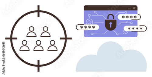 Team in crosshairs symbolizing targeted protection, secured padlock in data interface, and cloud computing. Ideal for digital safety, analytics, teamwork, technology, privacy, data protection