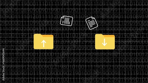 Data transfer concept illustrated by files moving between computer folders digitally