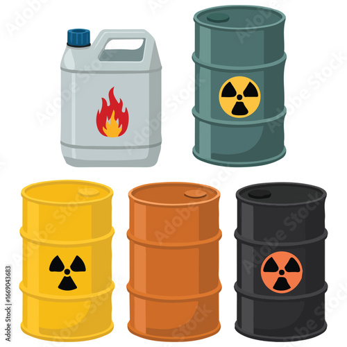 Set colored barrels dangerous substances cartoon style isolated vector illustration on white background