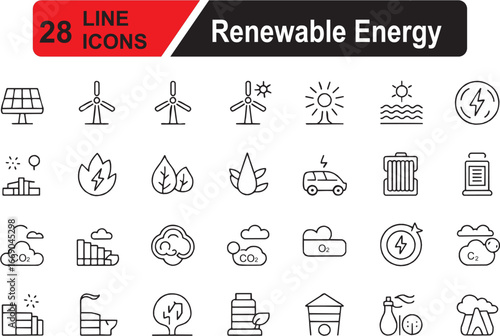 Renewable Energy Vector Icon Set, Solar Power, Wind Turbine, Eco Fuel, Sustainability, Green Environment Icons