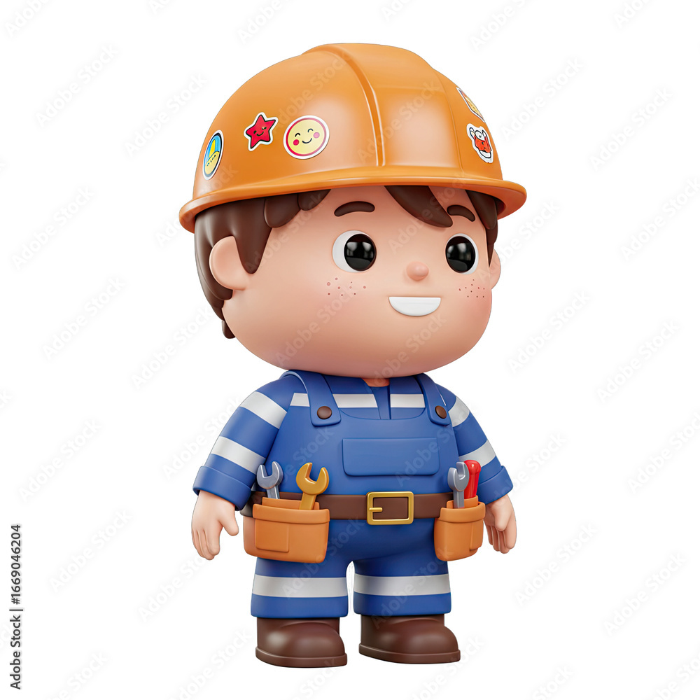 Cheerful cartoon character dressed as a construction worker, with an orange hard hat and blue overalls, is displayed against a plain black background. Cheerful cartoon character dressed as a construction worker, with an orange hard hat and blue overalls, is displayed against a plain black background.