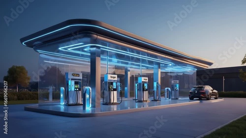 A futuristic electric vehicle charging station glows with blue neon lights at twilight, powering the future of sustainable transportation