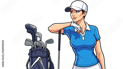 Female Golfer with Golf Bag, looking away - High detailed vector art