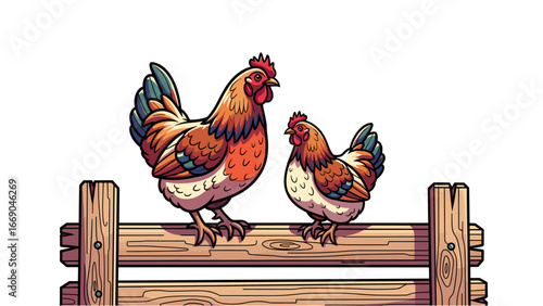 Two Chickens on a Fence - High detailed vector art