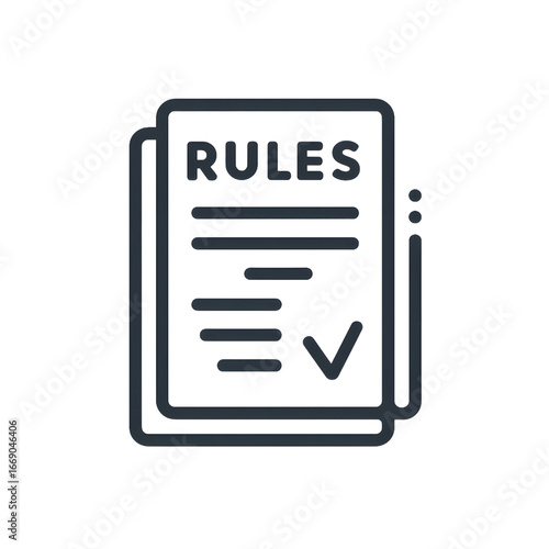 Stylized icon depicting a rules document with a checkmark, representing compliance and approval.