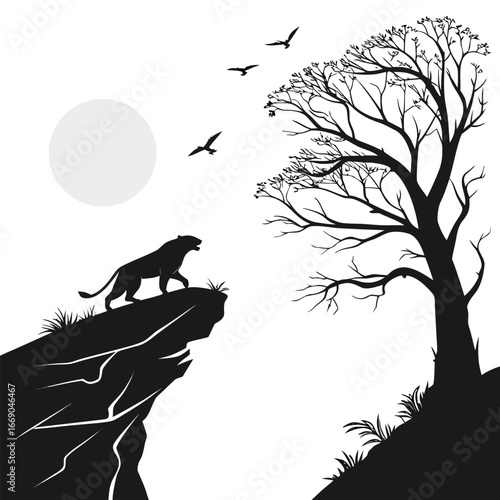 Moon shining over shattered cliff silhouette