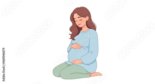Pregnant woman hugging her belly, expectant mother, motherhood, isolated on white background