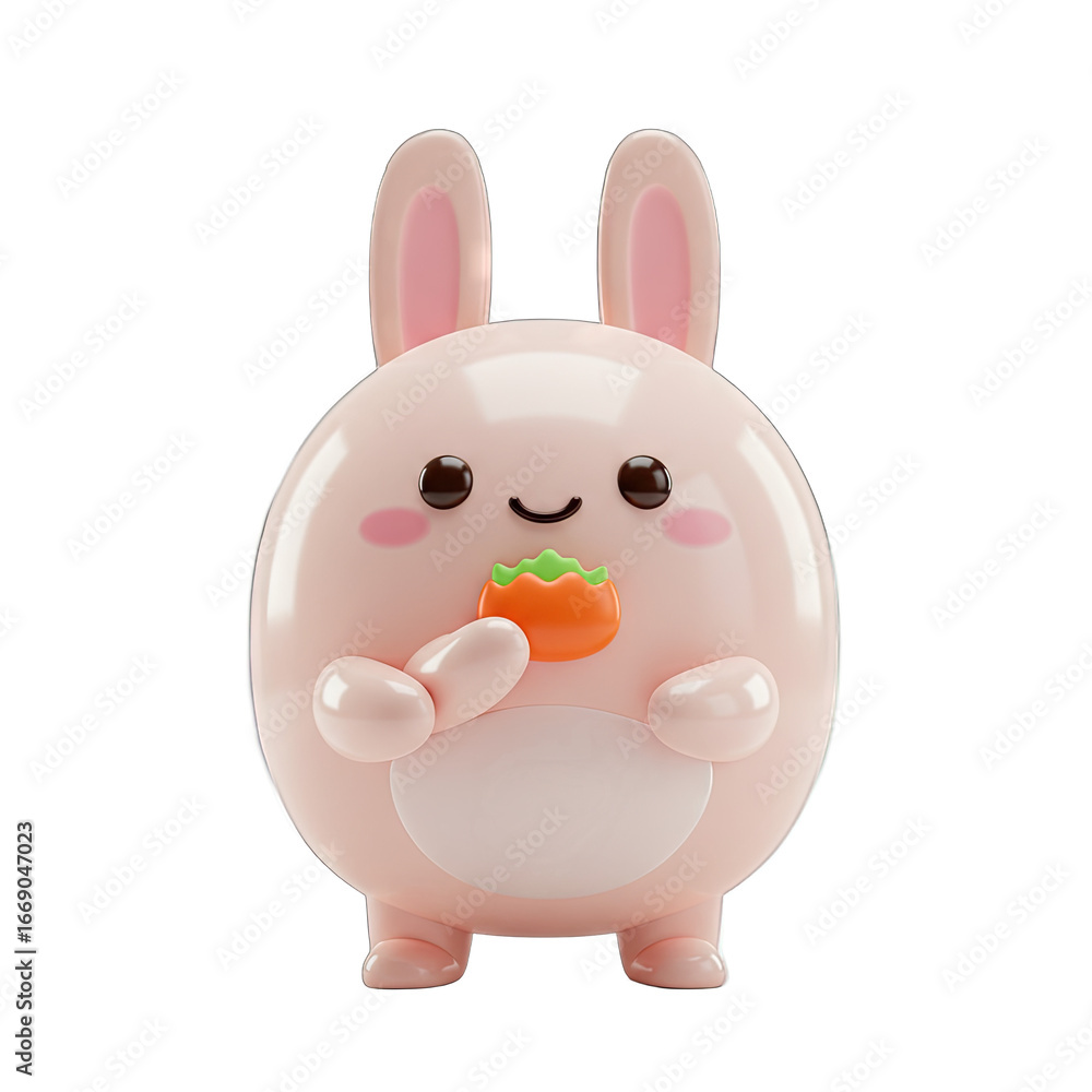 Obraz premium A cheerful, cartoonish pink rabbit holds a small orange carrot, presented in a playful, 3D style.