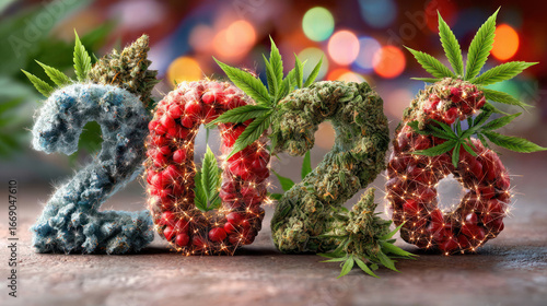 2026 and surreal colorful cannabis plants. New Year