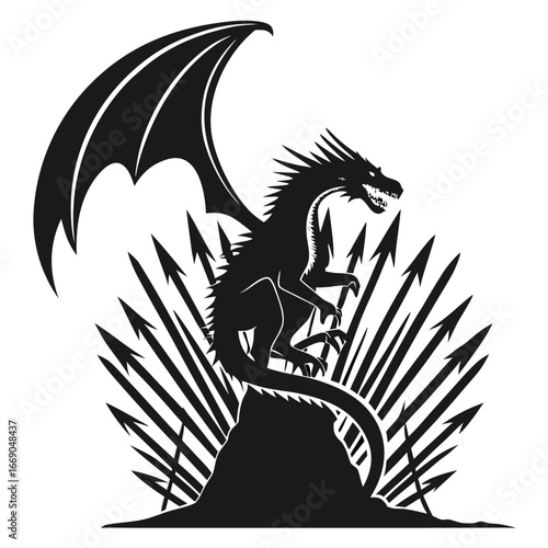 Dragon wings curling into glowing throne silhouette