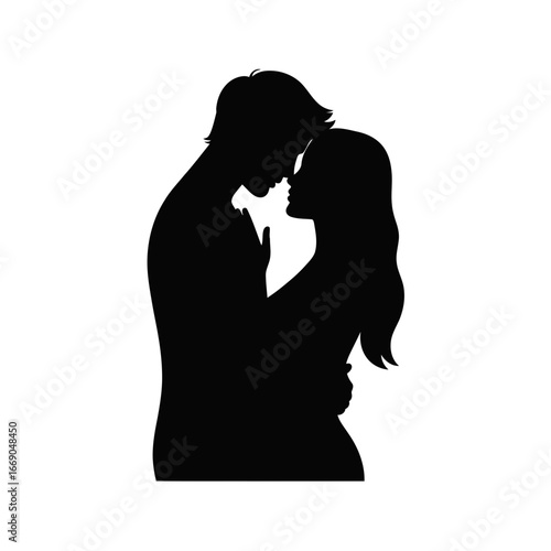 Vector art of silhouette of a loving couple embracing, , symbolizing romance, intimacy, and togetherness in a passionate relationship