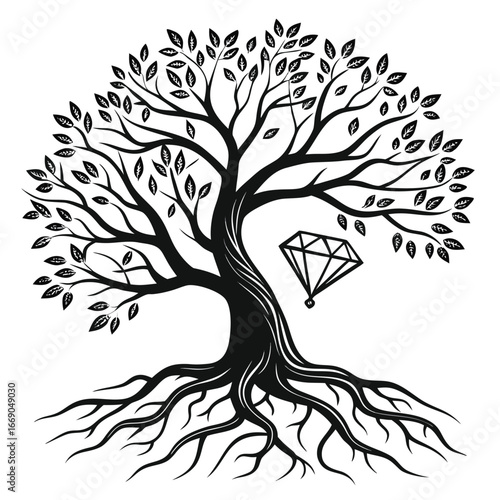 Tree roots spiraling into glowing jewel silhouette