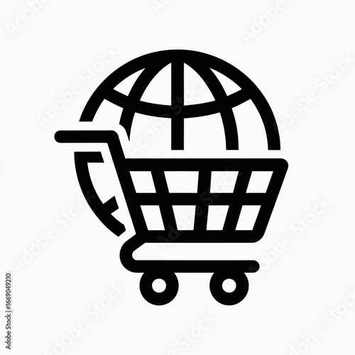 Vector art of online shopping cart with globe for global ecommerce and international trade concept