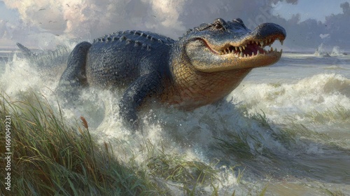 Large alligator emerging from water.