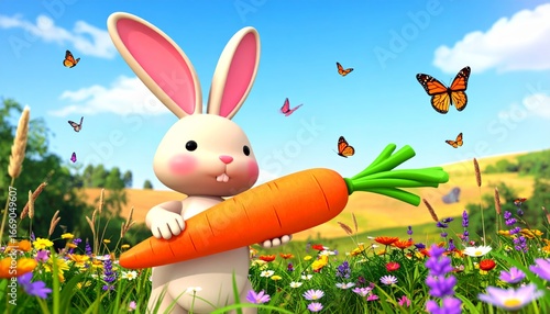 A 3D cartoon rabbit with long ears and rosy cheeks, holding a giant carrot, standing 