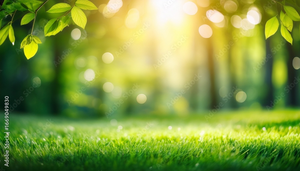 Obraz premium beautiful blurred background of spring nature on a sunny day with bokeh a green grass meadow and sunlight in the forest a banner for copy space