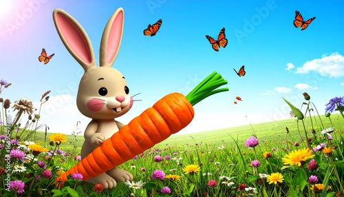 A 3D cartoon rabbit with long ears and rosy cheeks, holding a giant carrot, standing 