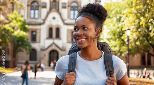 Smiling and happy young African-American female student walking on college campus on first day of school