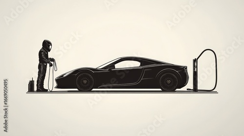 A race car driver is refueling a stylish black sports car at the gas station in monochrome.