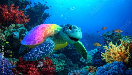 A 3D cartoon turtle with a glowing rainbow shell, smiling while swimming underwater 
