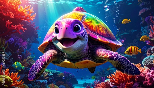 A 3D cartoon turtle with a glowing rainbow shell, smiling while swimming underwater 