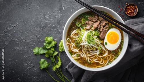 Bowl of ramen with meat and egg, garnished with herbs