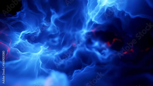 Red and blue smoke over black background, moving through smoke 3d interface abstracted