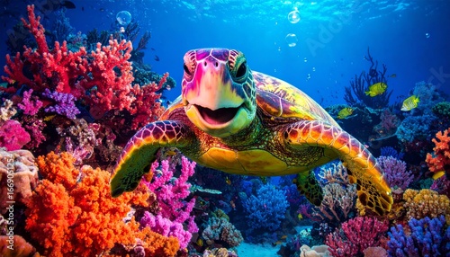 A 3D cartoon turtle with a glowing rainbow shell, smiling while swimming underwater 