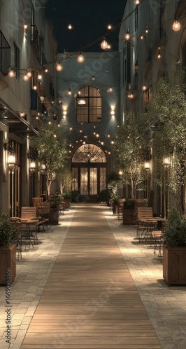 Nighttime alleyway lined with shops and outdoor dining.  Wooden walkway, string lights, and potted plants.  Buildings with arched doorways