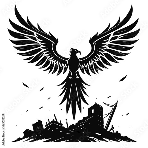 Phoenix wings glowing above shattered ruins silhouette