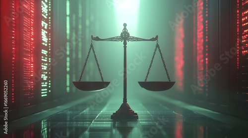 Law scales on background of data center.Digital law concept