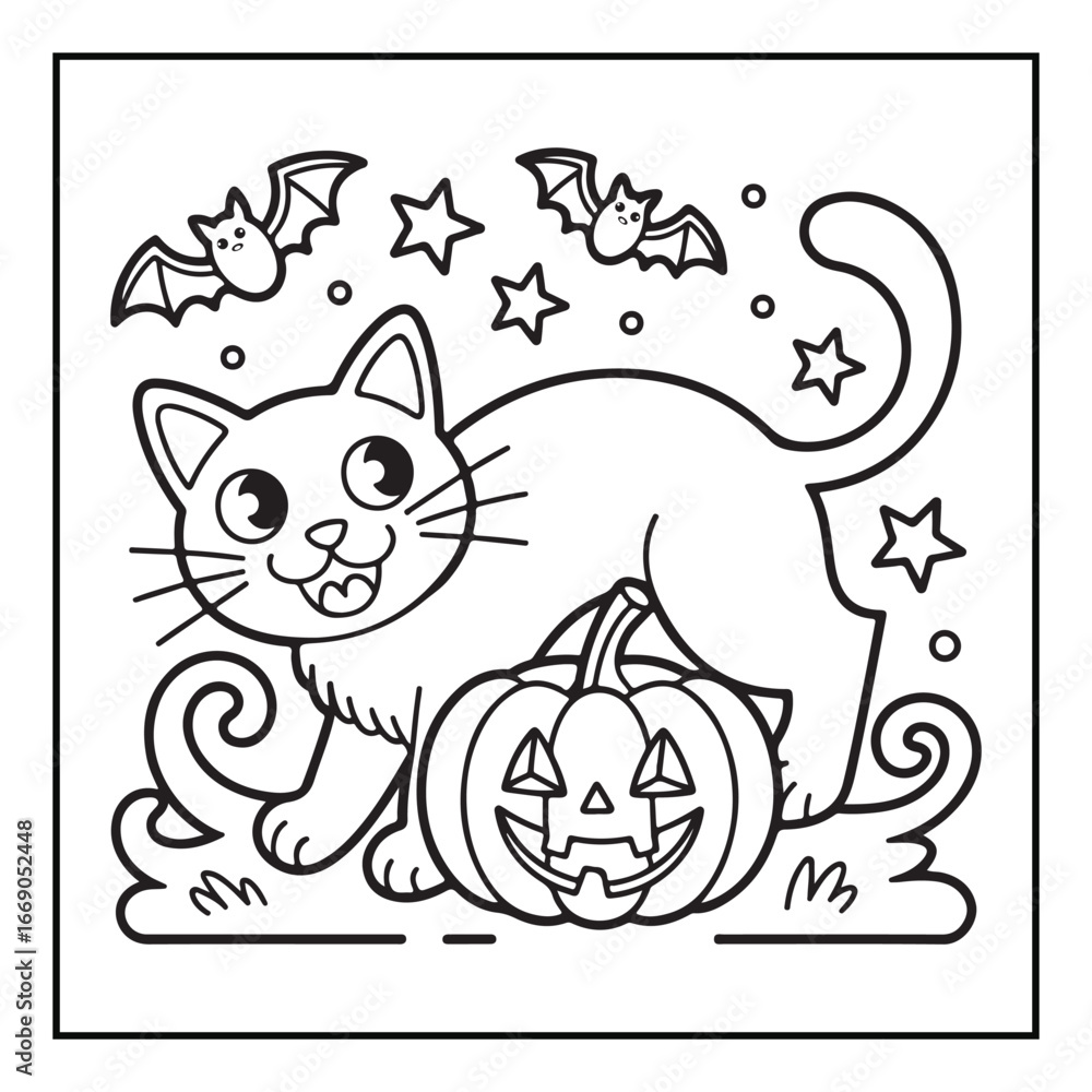 Naklejka premium Bold and easy cute halloween coloring pages, vectors, illustration, line art, black & white deasgns, halloween coloring book, halloween coloring pages, halloween elements