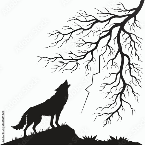 Wolf howling under shattered storm silhouette