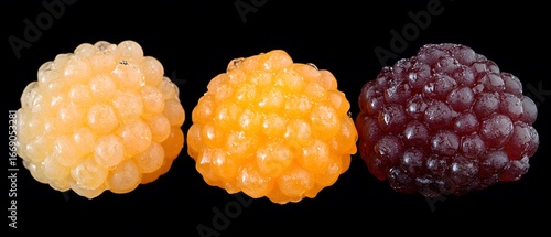 Closeup of Three Colorful Gummy Berries on Black Background