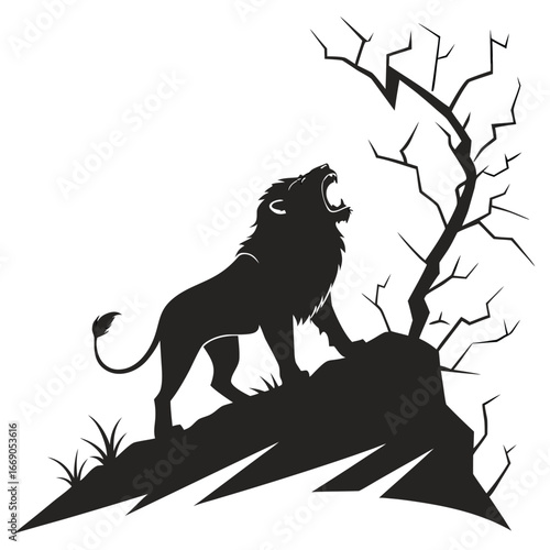 Lion roaring on shattered hill silhouette