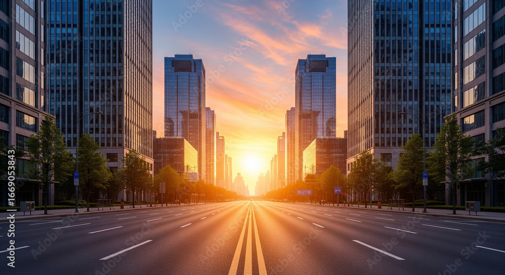 Fototapeta premium A perfectly symmetrical, wide-angle shot of a modern city street at sunrise. The warm, golden light of the sun crests over the horizon, casting a stunning lens flare