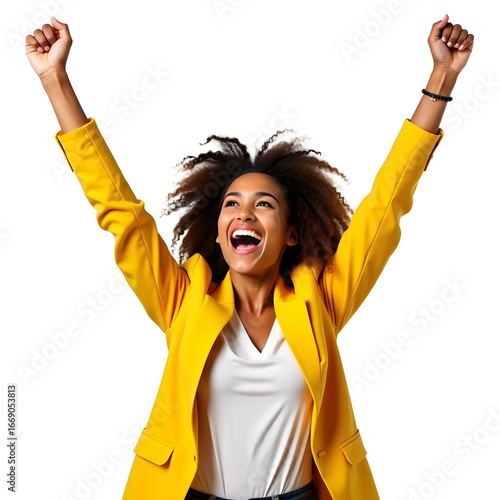 happy businesswoman in yellow blazer with arms raised celebrating success on transparent background 