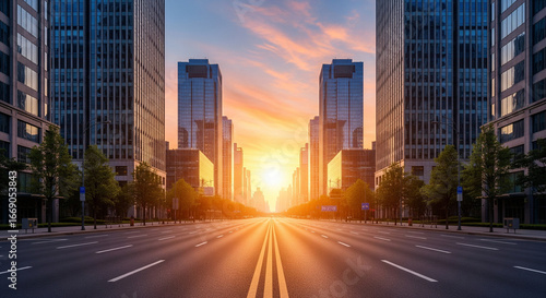 A perfectly symmetrical, wide-angle shot of a modern city street at sunrise. The warm, golden light of the sun crests over the horizon, casting a stunning lens flare