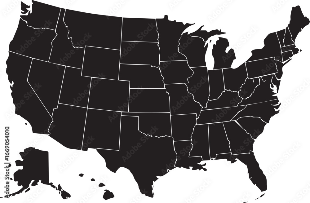 high resolution black and white united states map vector with alaska and hawaii outline template