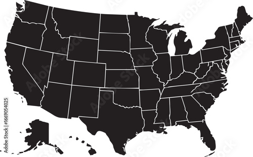 editable vector map of united states with each state border separated black and white design