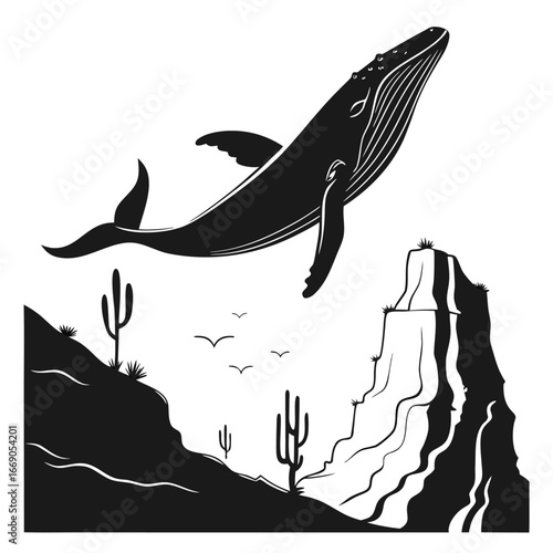 Whale diving into glowing canyon silhouette
