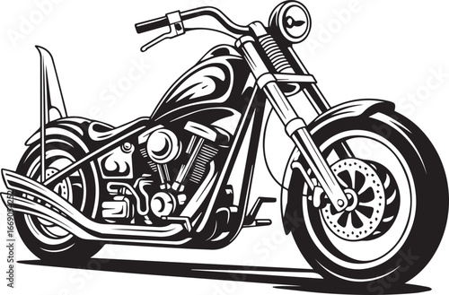 black and white custom chopper motorcycle vector illustration with stylized flames and detailed engine components