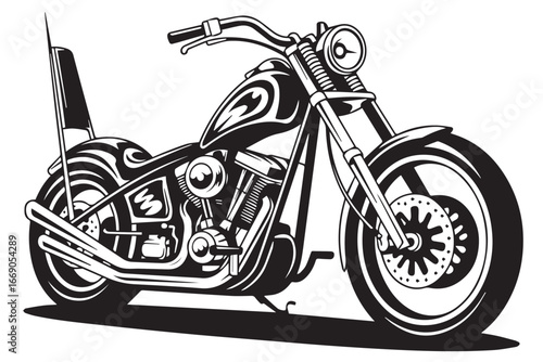 custom chopper motorbike outline vector art featuring low-slung frame, elongated forks, disc brake and sissy bar design
